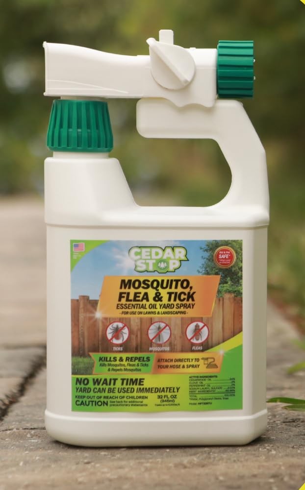 CedarStop bottle on a backyard path with green grass